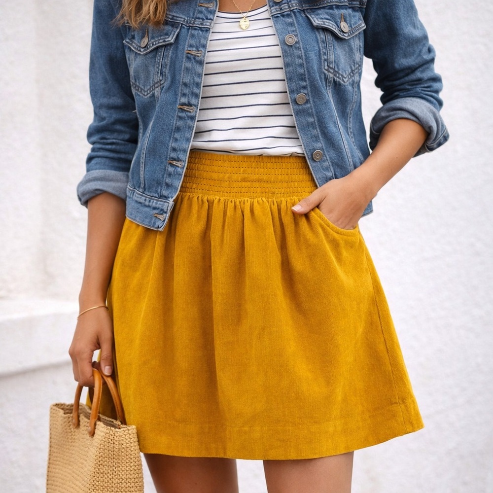 Anthropologie Edme & Esyllte Mustard Corduroy A-Line Mini Skirt Elastic Waist